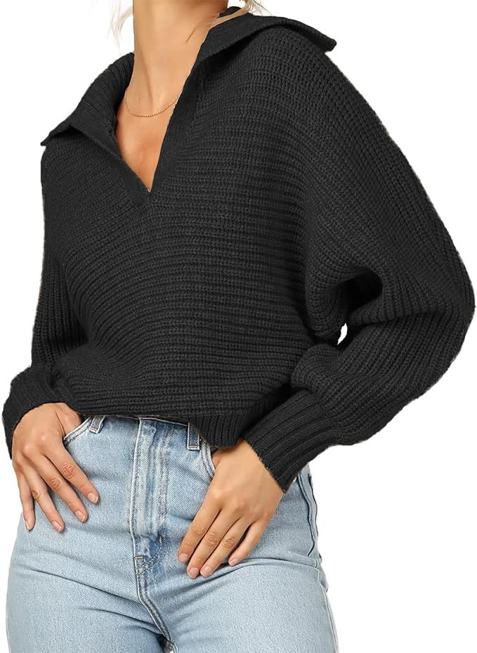 HZSONNE Women's Lapel Collar V Neck Soft Sweater Solid Long Sleeve Cozy Pullover Tops Knitwear | Amazon (US)