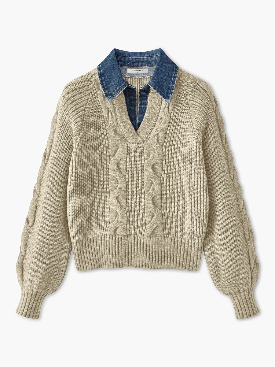 Denim Panel Ribbed Lapel Sweater | Commense