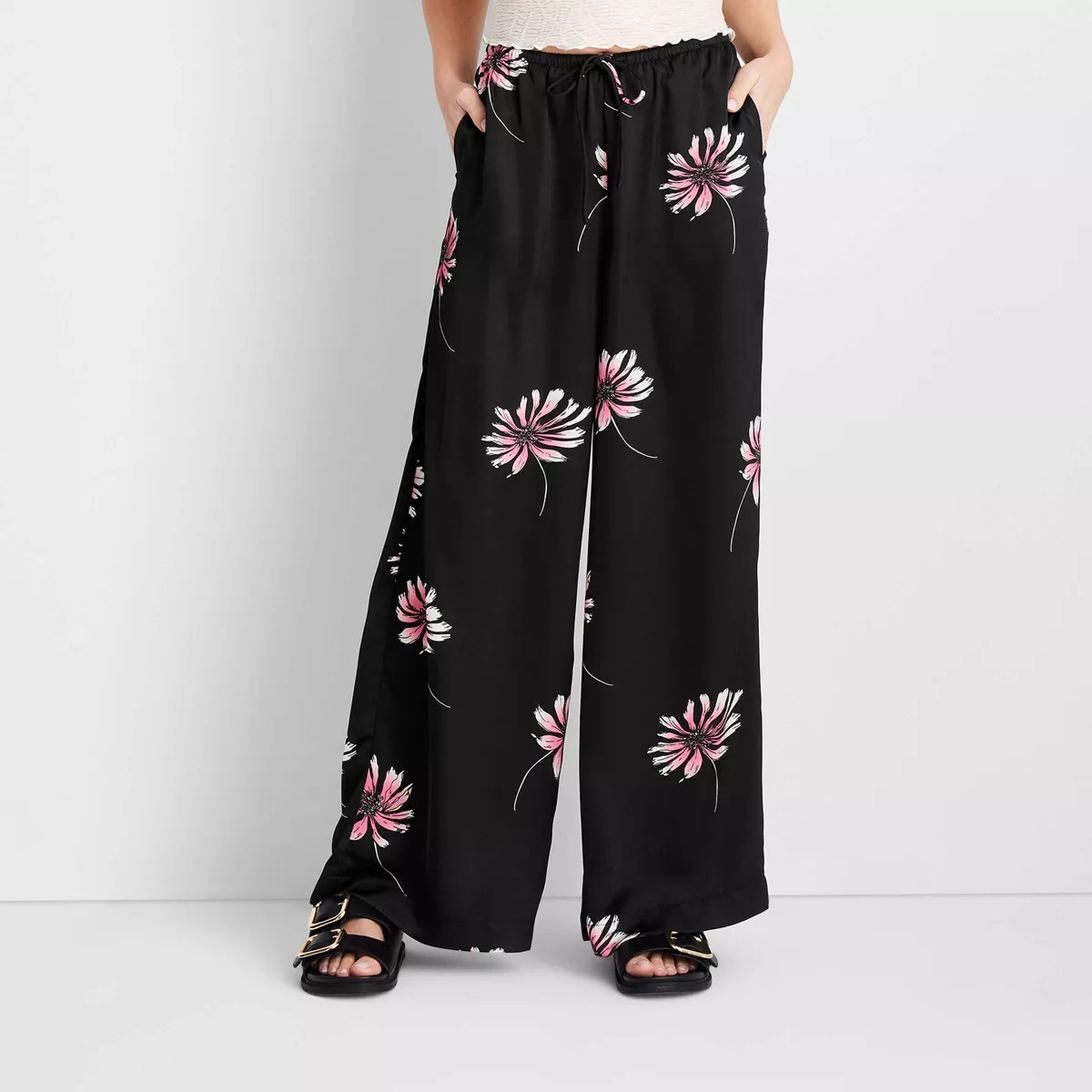 Women's Mid-Rise Wide Leg Satin Drawstring Pull-On Pants - Future Collective Black Floral | Target