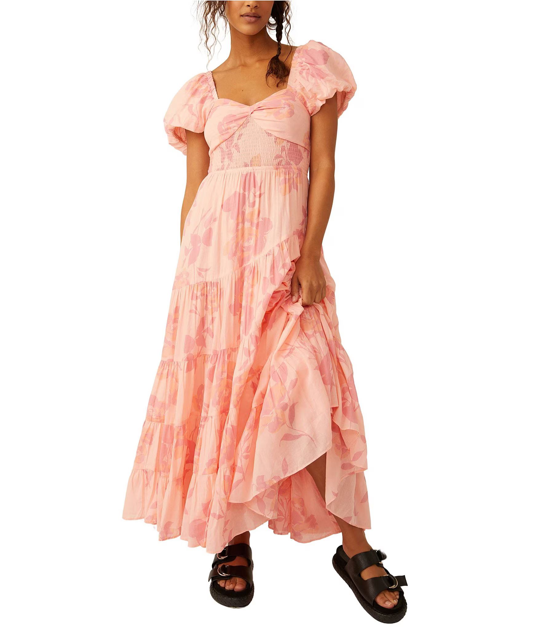 Sundrenched Floral Print Sweetheart Neck Short Puff Sleeve Maxi Dress | Dillard's
