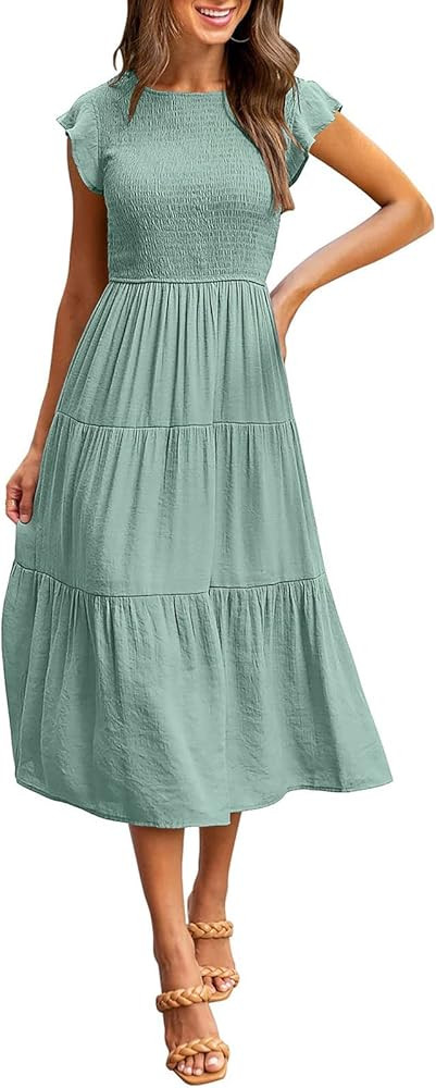MEROKEETY Women's Flutter Short Sleeve Smocked Midi Dress Summer Casual Tiered A-Line Dress | Amazon (US)
