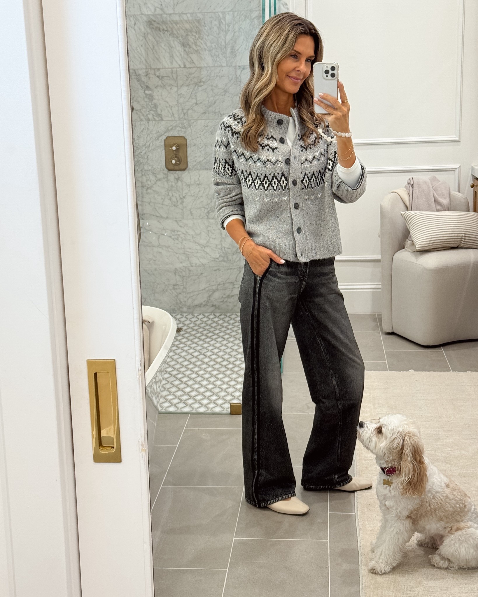 -Sweatpant jeans wearing XS with room. I’m 5’6”, I have not washed them yet. 
-fair isle cardigan is gorgeous! Wearing a small 
-flats TTS 



#LTKOver40 #LTKHoliday #LTKTravel