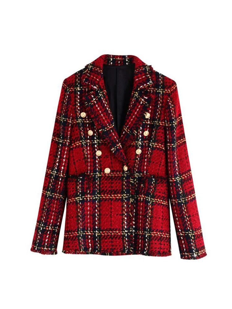 Double Button Plaid Tweed Blazer | SHEIN