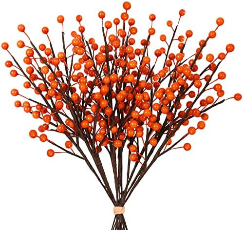 Whaline 12Pack Autumn Berry Branches Artificial Fall Orange Glossy Berry Twigs Faux Berry Stem Fake  | Amazon (US)