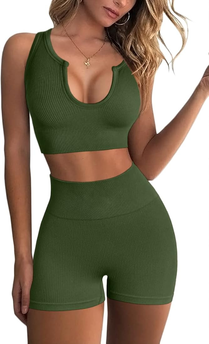 FAFOFA Seamless Workout Sets for Women Ribbed Sport Bra High Waist Running Shorts Gym 2 Piece Yog... | Amazon (US)