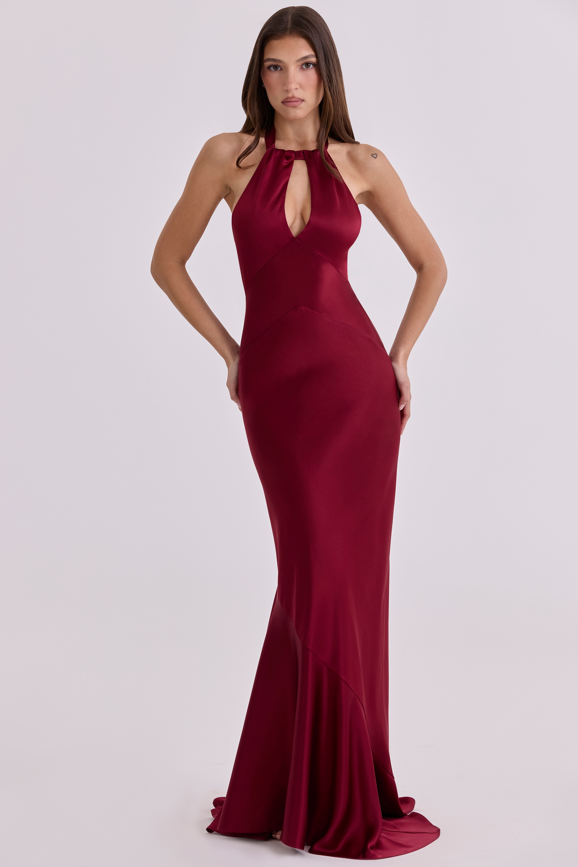 wine satin halter maxi dress | House of CB