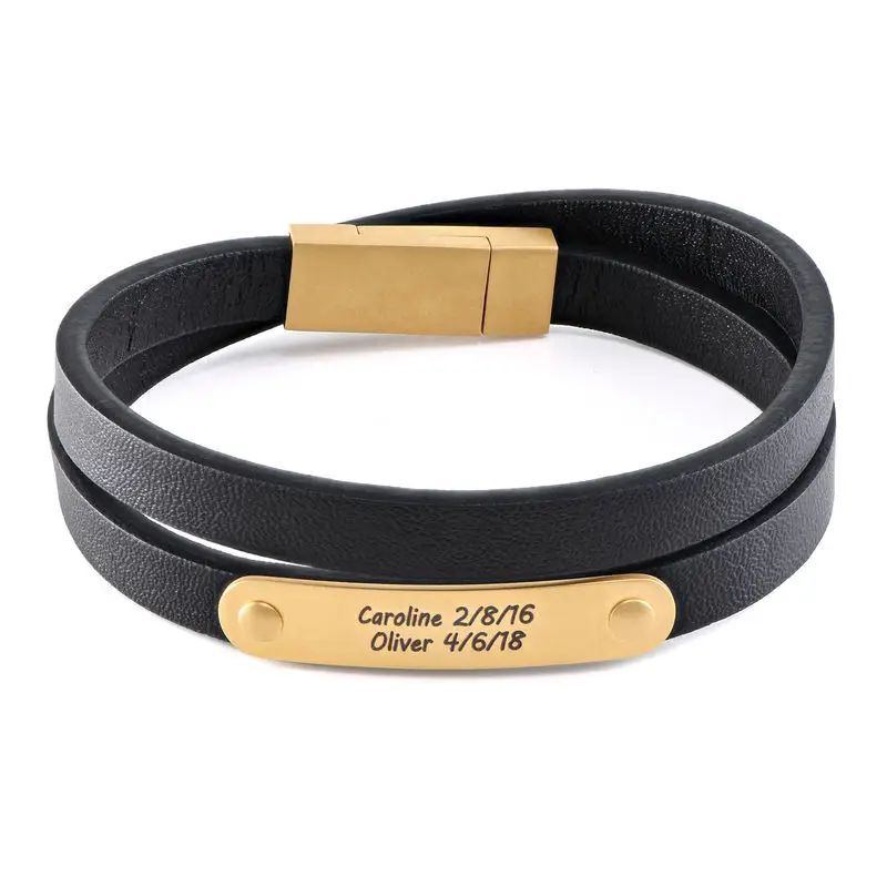 Black Leather Bracelet with Engraved Bar in 18K Gold Plating | MYKA