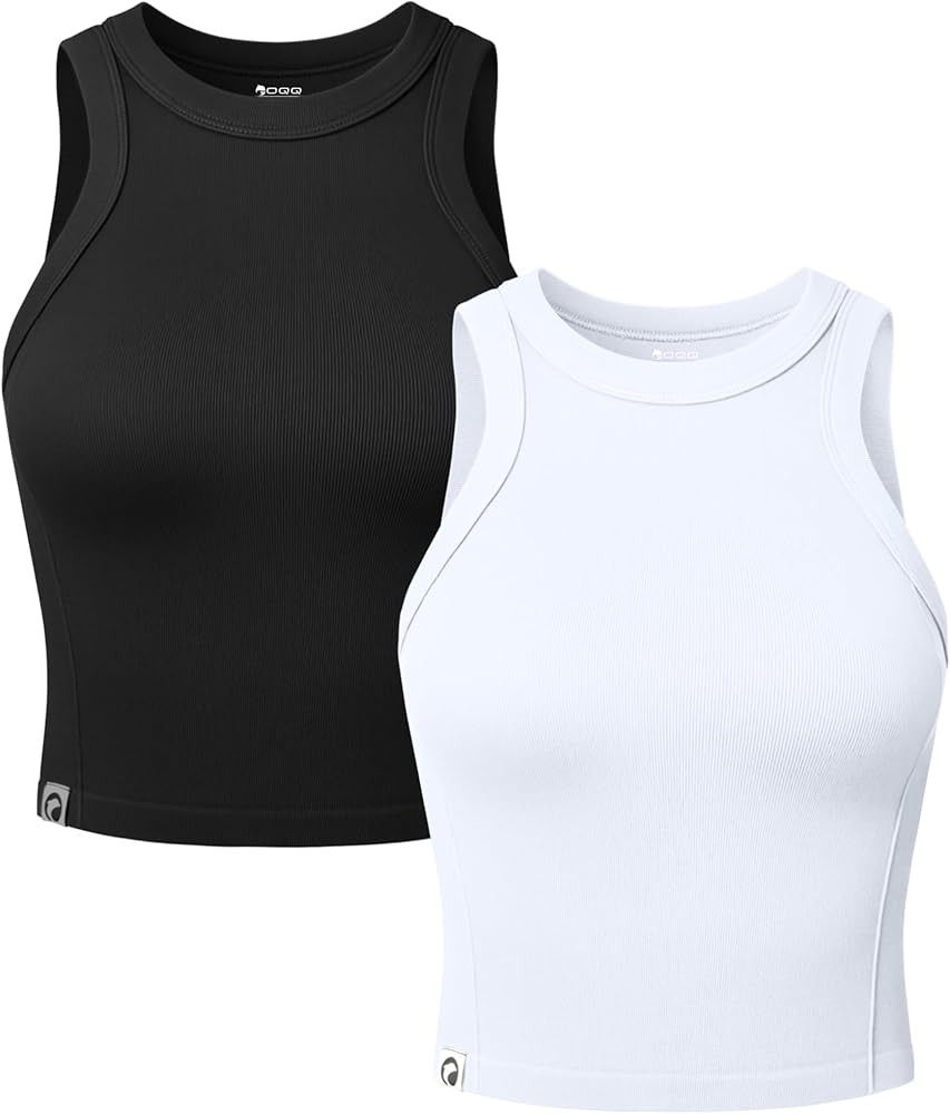 OQQ Womens 2 Pack Crop Tank Tops Crew Neck Sleeveless Ribbed Stretch Workout Athleisure Tops | Amazon (US)