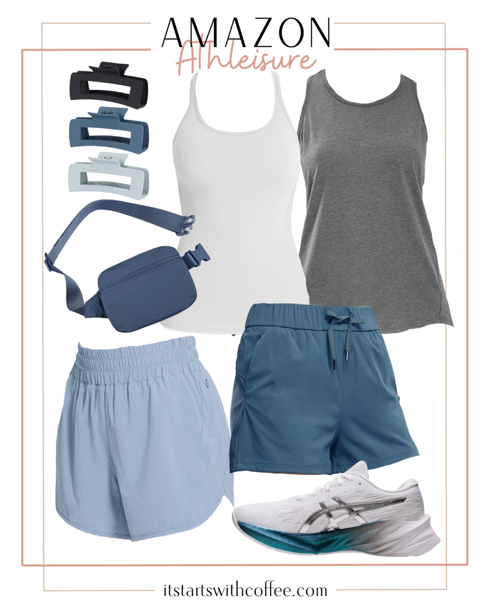 Amazon athleisure includes grey tank, white tank, hair claws, belt bag, athletic shorts, and athletic shoes.

Athleisure, casual outfit, outfit, Amazon finds, summer outfit, summer athleisure 

#LTKshoecrush #LTKfit #LTKstyletip