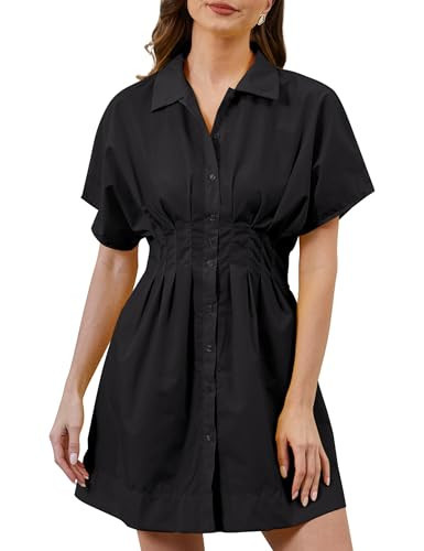 Dsewpaur Women Summer Casual Short Sleeve Button Front Pleated Shirt Mni Dress Black | Amazon (US)