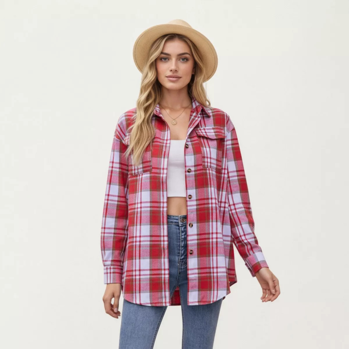 Anna-Kaci Women's Long Sleeve Plaid Button-Up Shirt with Front Pockets and Relaxed Fit - Red,Medi... | Target