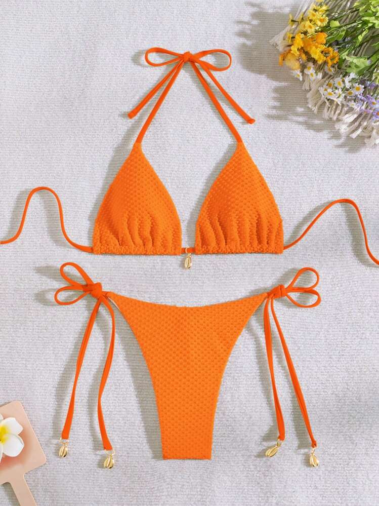 2pcs Women Solid Color Simple Daily Use Bikini Sets, Orange Bathing Suit Summer | SHEIN