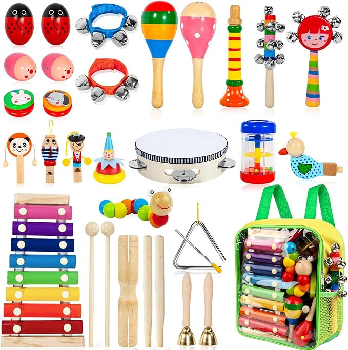 Kids Musical Instruments, 33Pcs 18 Types Wooden Percussion Instruments Tambourine Xylophone Toys ... | Amazon (US)