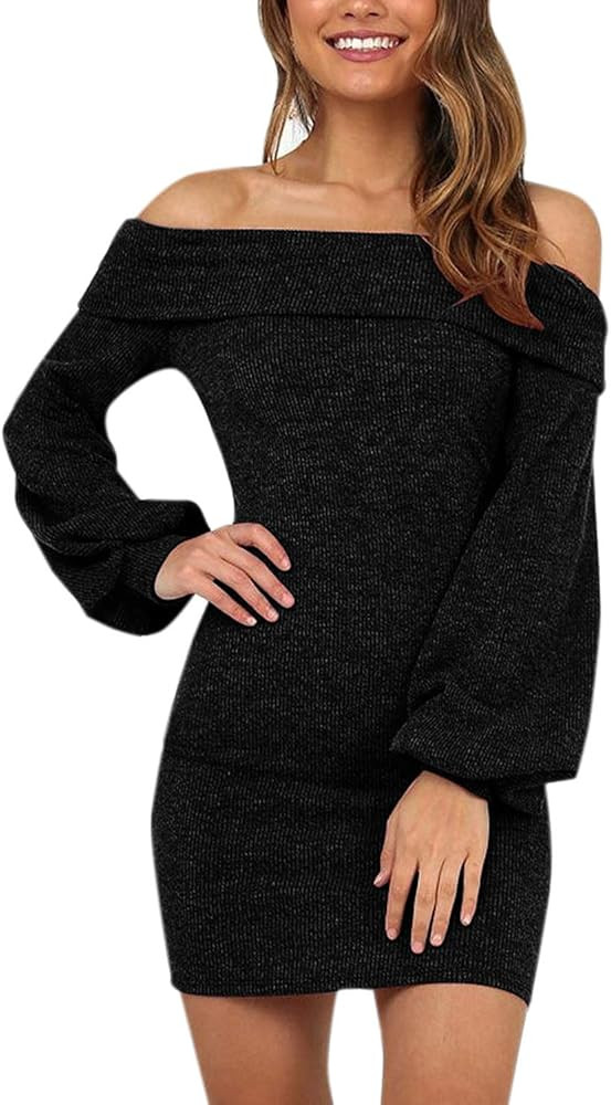 olinase Women Off Shoulder Flare Long Sleeve Knit Sweater Dress Bodycon Elegant | Amazon (US)