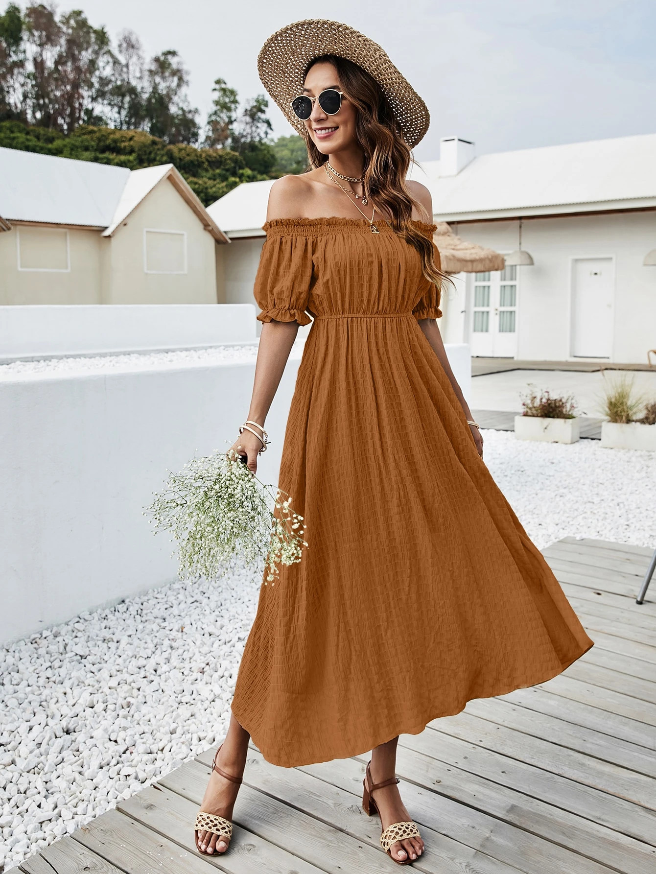 Frill Trim Bardot A-line Dress | SHEIN