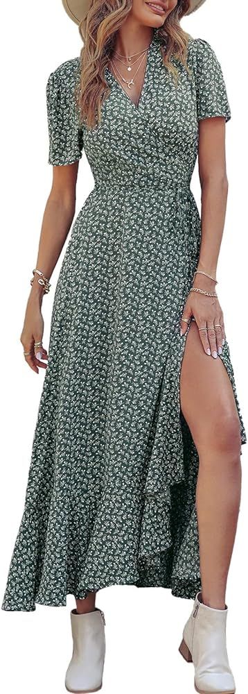 PRETTYGARDEN Women's Summer Wrap Maxi Dress Casual Boho Floral V Neck Short Sleeve Ruffle Hem Split  | Amazon (US)