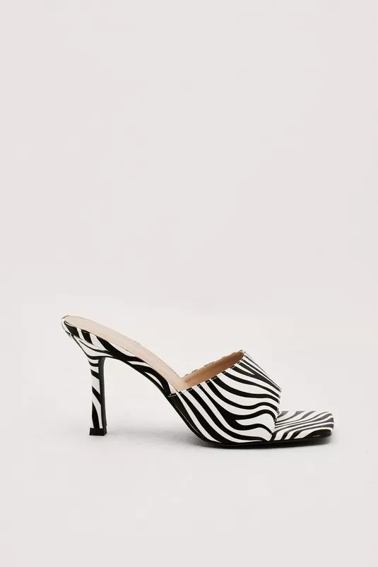 Faux Leather Zebra Square Toe Heeled Mules | Nasty Gal (US)