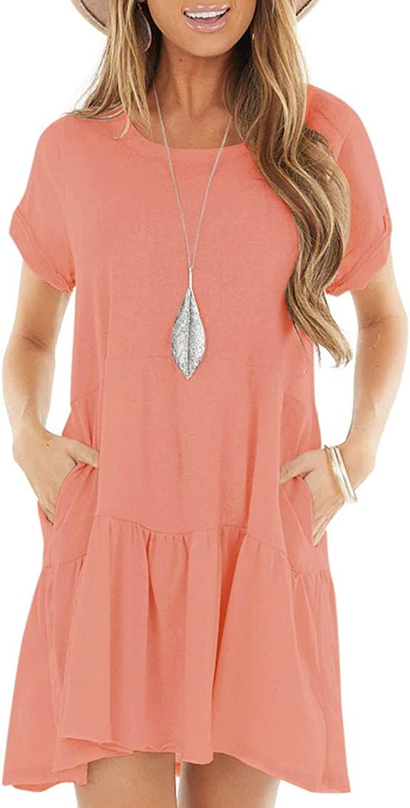 Berryou Women Short Sleeve Pocket Casual Plain Flexible Loose Ruffle Swing T-Shirt Dress 2022 | Amazon (US)