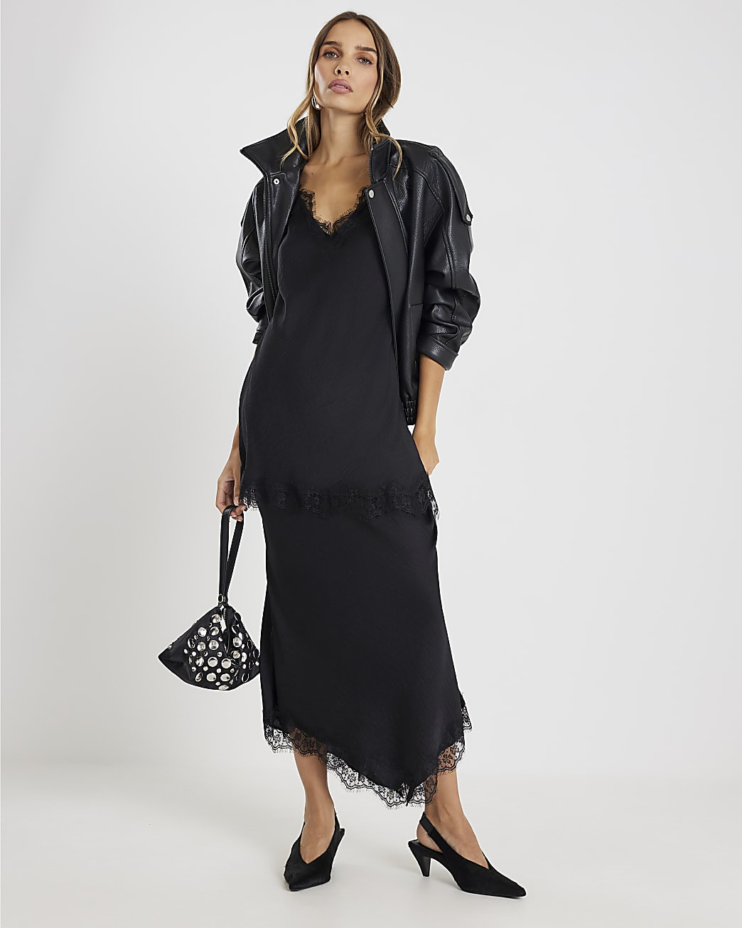 Black Satin Lace Trim Midi Skirt | River Island UK & IE