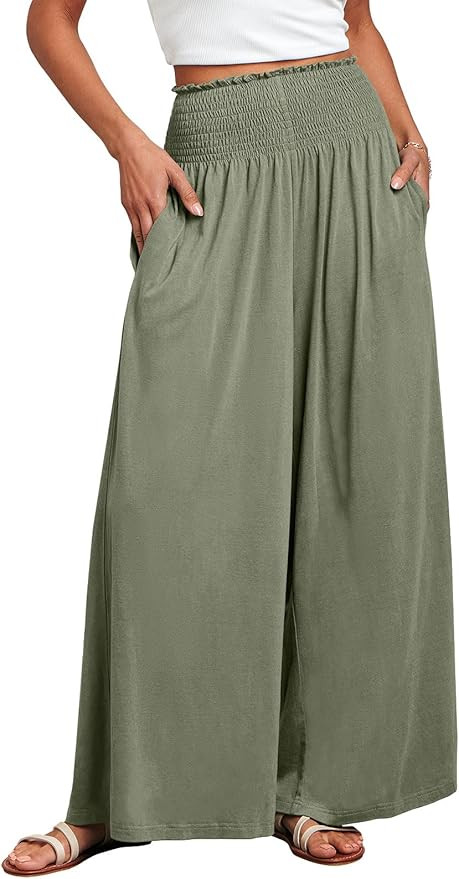 ANRABESS Women Palazzo Pants Summer Boho Bagyy Wide Leg High Smocked Waist Casual Loose Lounge Pa... | Amazon (US)