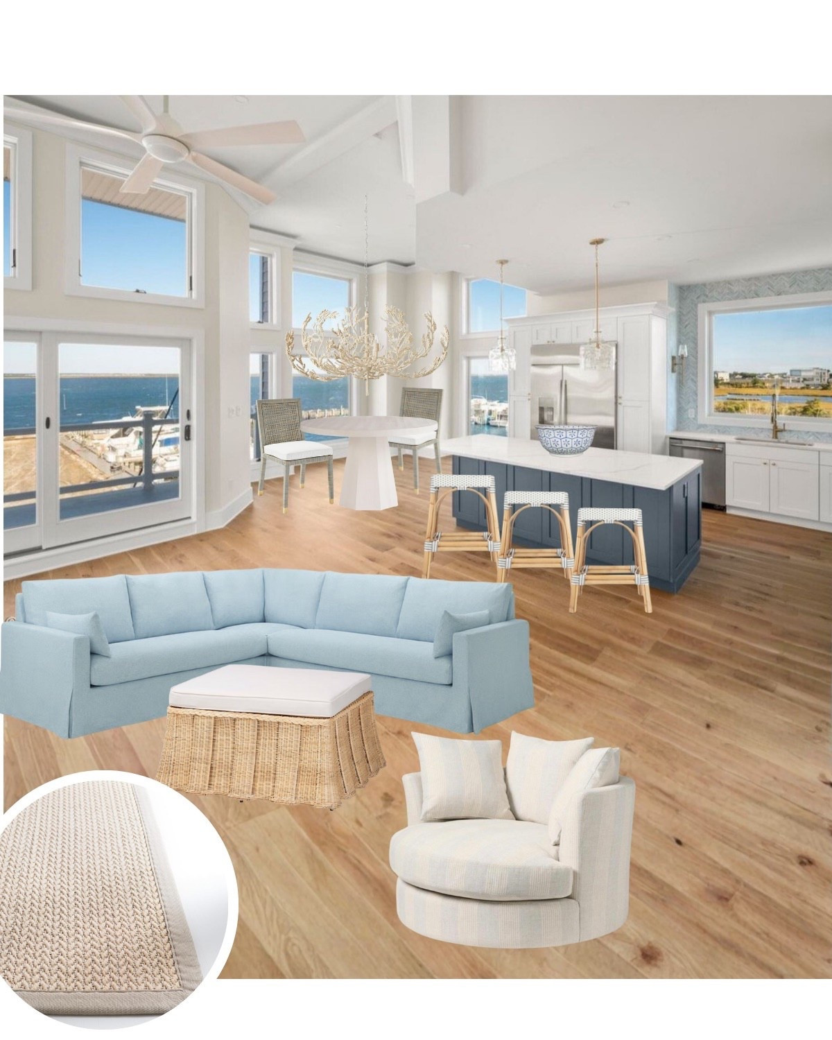 Beach house living/kitchen/dining room mockup!! 

Sectional is IKEA HYLTARP sectional and is a great Serena & Lily look for less!! Plus it has a machine washable slipcover and available in multiple colors! 🙌🏻

All of the rest is linked!! P.S. I’m SO EXCITED about this oversized blue striped swivel chair that is still on sale 😍

#LTKHome #LTKSaleAlert