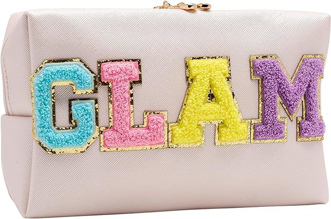 COSHAYSOO Preppy Patch Makeup Bag GLAM Chenille Letter Cosmetic Pouch, Make Up Skincare Travel Or... | Amazon (US)