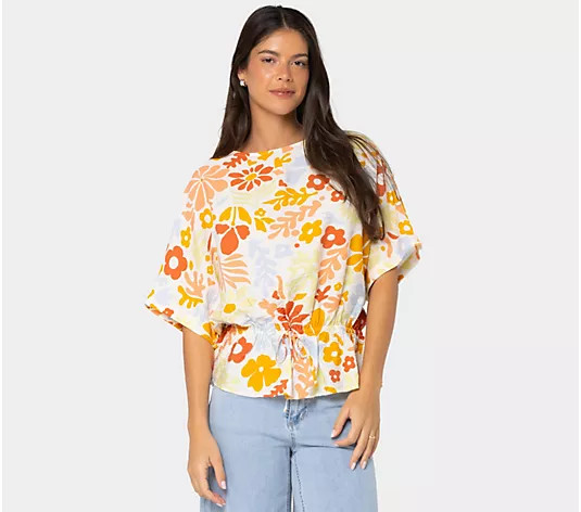 Make Your Selection: Peace Love World Boheme Printed Boat Neck Top w/Cinched Waist | QVC