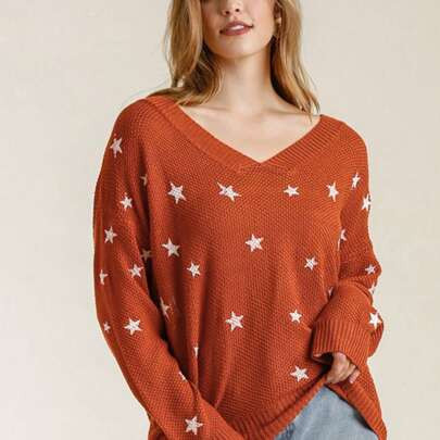 Womens Casual Starry Pattern Chic Embroidered Stars V Neck Oversized Knit Sweater Pullover Rust Orange Long Sleeve Chunky Knitted Relaxed Fit Fall Win | SHEIN