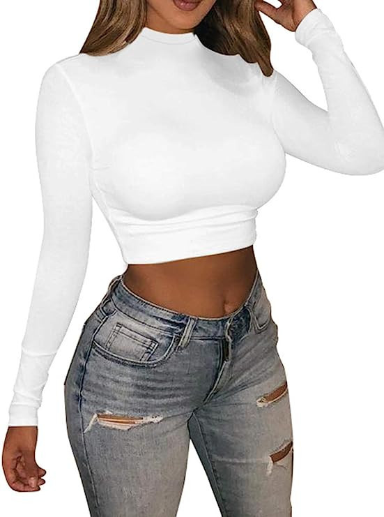 LAGSHIAN Basic Long Sleeve Crop Top, Women's Turtleneck Sexy Casual Top | Amazon (US)