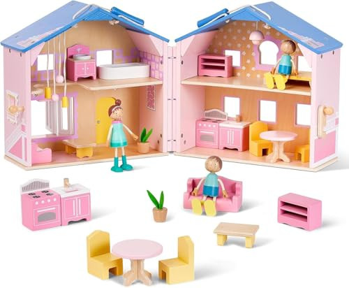 Exquisite Pink Wooden Dollhouse for Girls with 2 Dolls and 12pcs Wooden Furniture,Foldable and Portable Pretend Play House Set with Handle, Christmas Birthday Gift for Girls Kids Age 3+ | Amazon (US)
