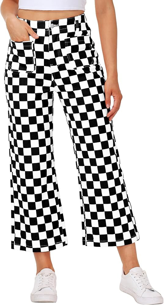Women Checkered Cropped Jeans Straight Leg Stretchy Denim Pants with Pockets | Amazon (US)