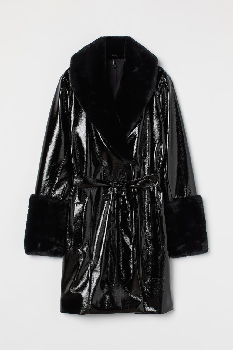 Faux fur-trimmed patent coat | H&M (UK, MY, IN, SG, PH, TW, HK)