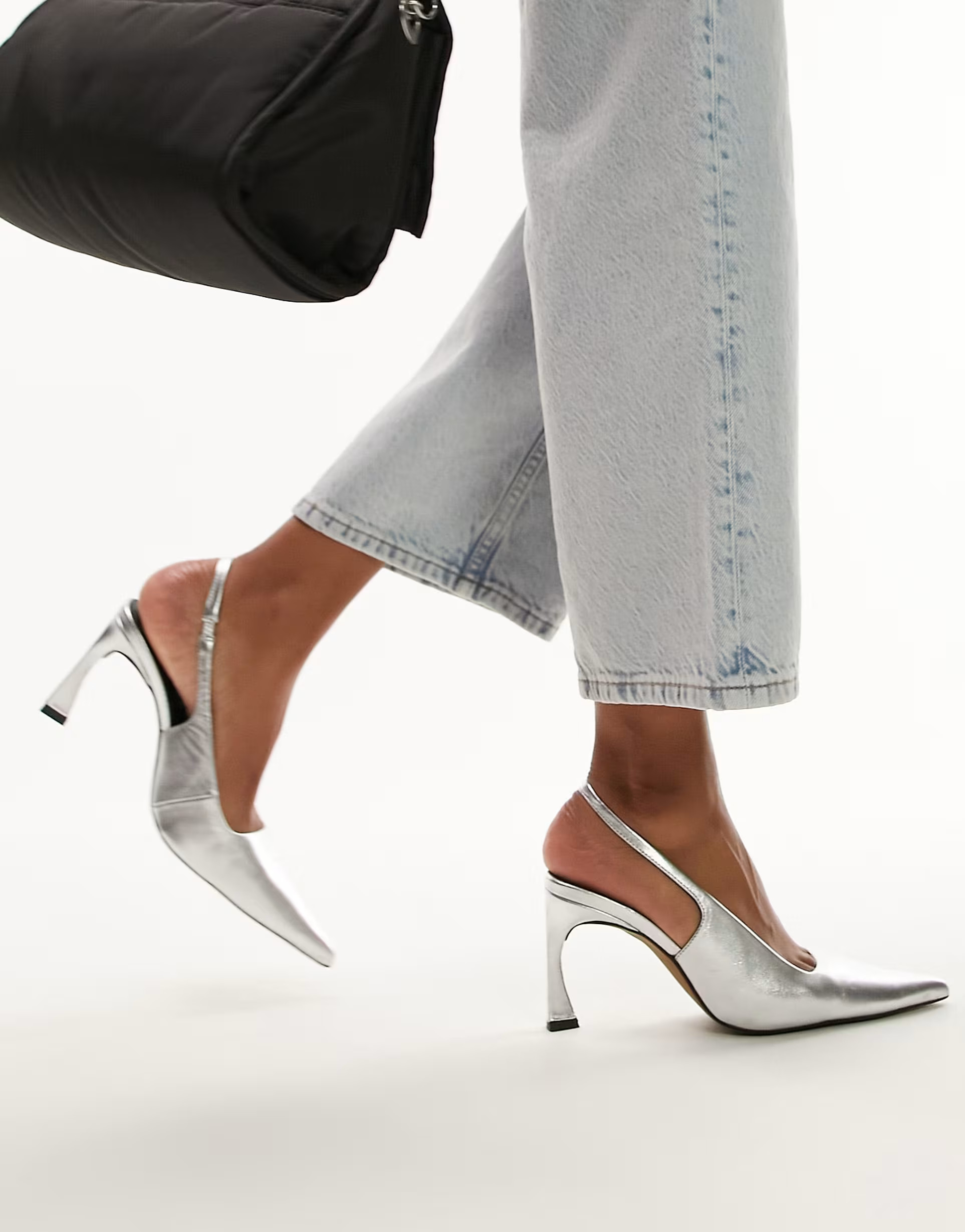 Topshop Coy premium leather sling back heeled pumps in silver | ASOS (Global)