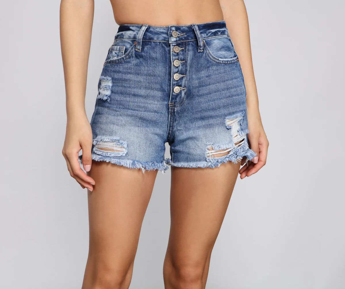 Edgy Chic High Rise Button Down Denim Shorts | Windsor Stores