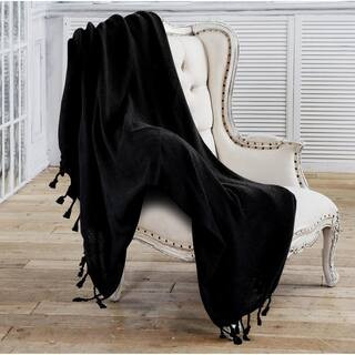 Woven 50 in. x 60 in. Jet Black Solid Checkered Cotton Fringe Throw Blanket | The Home Depot