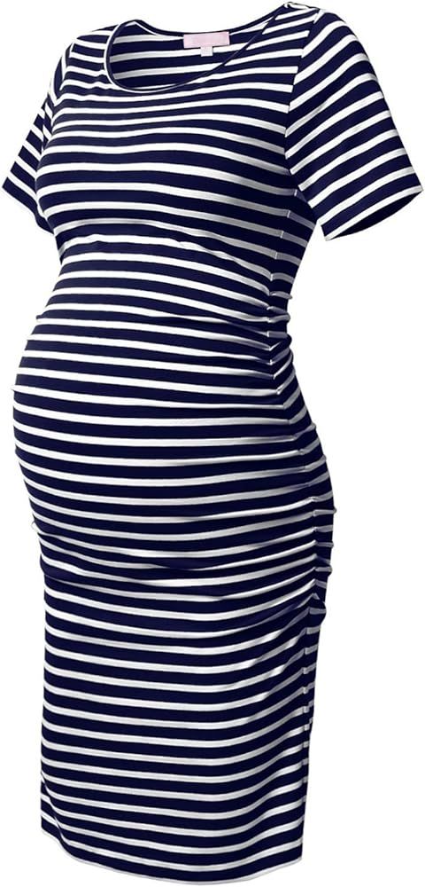Maternity Bodycon Dress Short Sleeve Ruched Sides Knee Length Shirred Dress | Amazon (US)