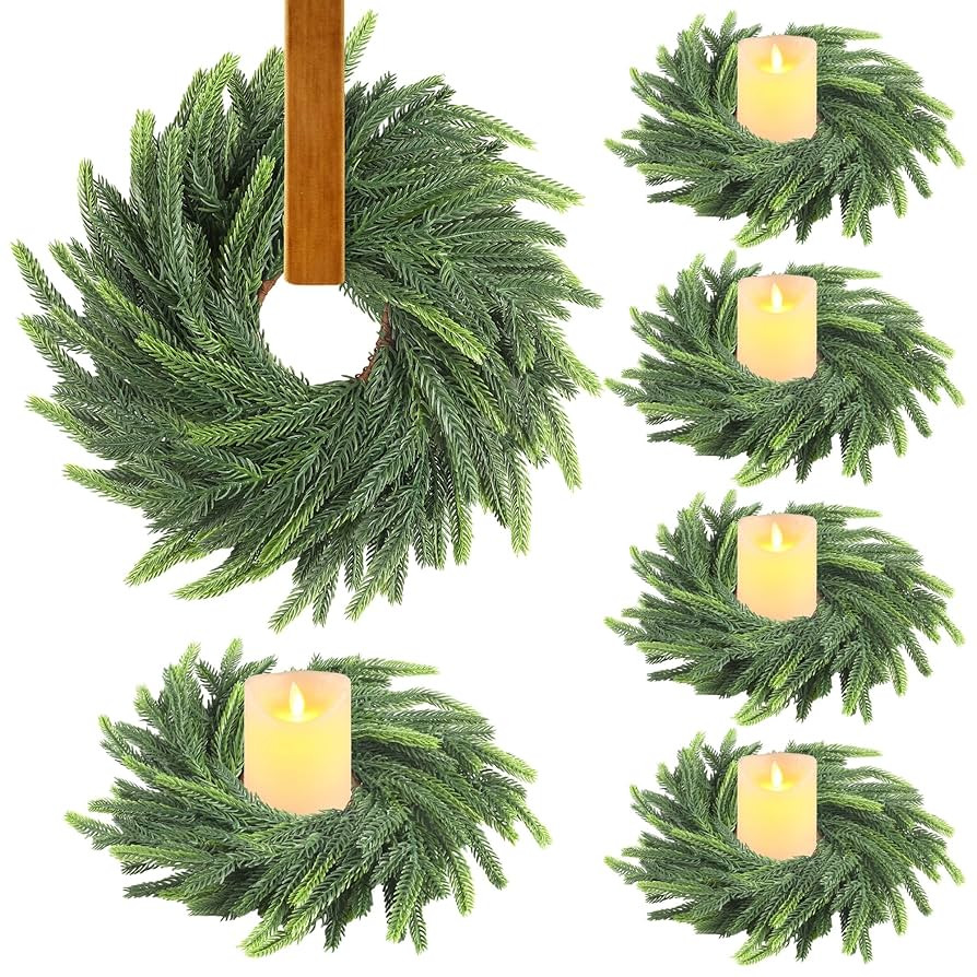 Aneco 6 Pieces Christmas Candle Ring Wreath with Ribbon Mini Wreaths Outer Diameter 6 Inch Artifi... | Amazon (US)
