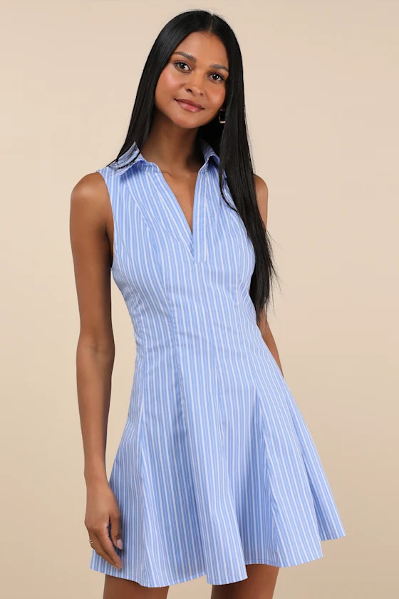 Zenley Blue Striped Collared Skater Mini Dress | Lulus