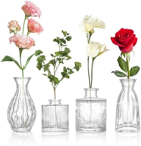 Glass Bud Vases Set of 4, 4 Sizes of Small Flower Vase for Party or Home Table Decorations | Amazon (US)