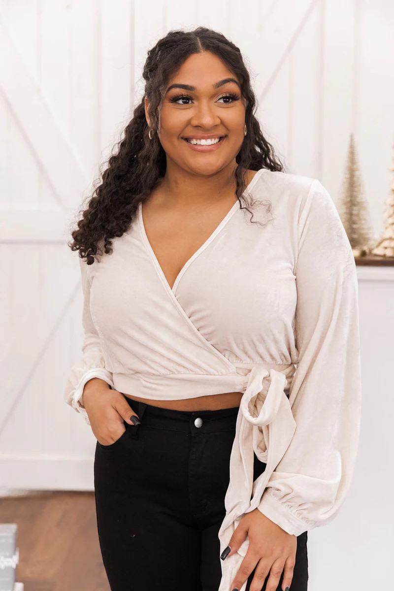 Waiting All Night Ivory Velvet Wrap Blouse | The Pink Lily Boutique