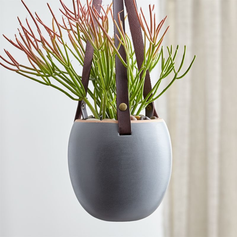 Grey Planter with Leather Hanger | Crate & Barrel