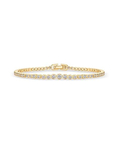 PAVOI 14K Yellow Gold Plated Graduated Simulated Diamonds Bezel Set Tennis Bracelets for Women - Cubic Zirconia Stones Round Statement Bride Gold Bracelet Stack - Size 6.5" | Amazon (US)