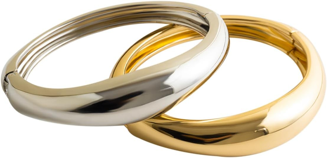 Gold Bangle Bracelets for Women Silver Plated Wide Wire Chunky Cuff Bracelets Trendy Hinged Cuff Open Wide Chunky Silver Bracelet Irregular Minimalist Bangle Jewelry | Amazon (US)