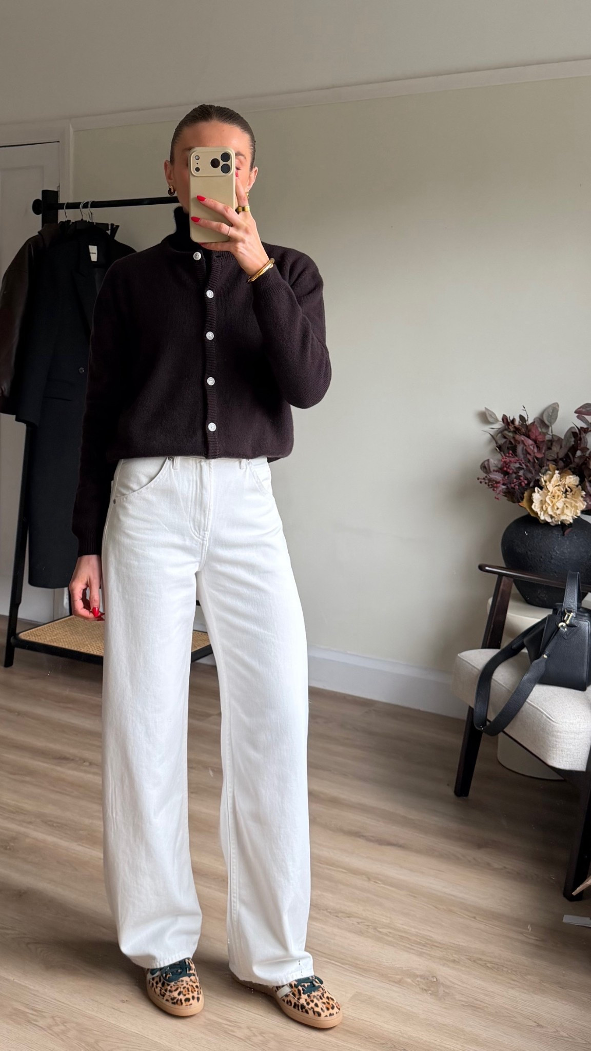 Exact cardigan is from indecent brand, the Gather so I can’t link on here
23 L31 in the Uniqlo baggy curve jeans s
I’m 5ft 6, size down in these they come up big
Adidas leopard print Spezials