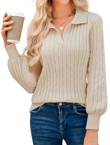 JUSTFASHIONNOW Womens Sweaters Polo V Neck Cable Knit Sweater Dressy Casual Pullover Jumper Tops Fall Winter Trendy-Apricot-L | Amazon (US)