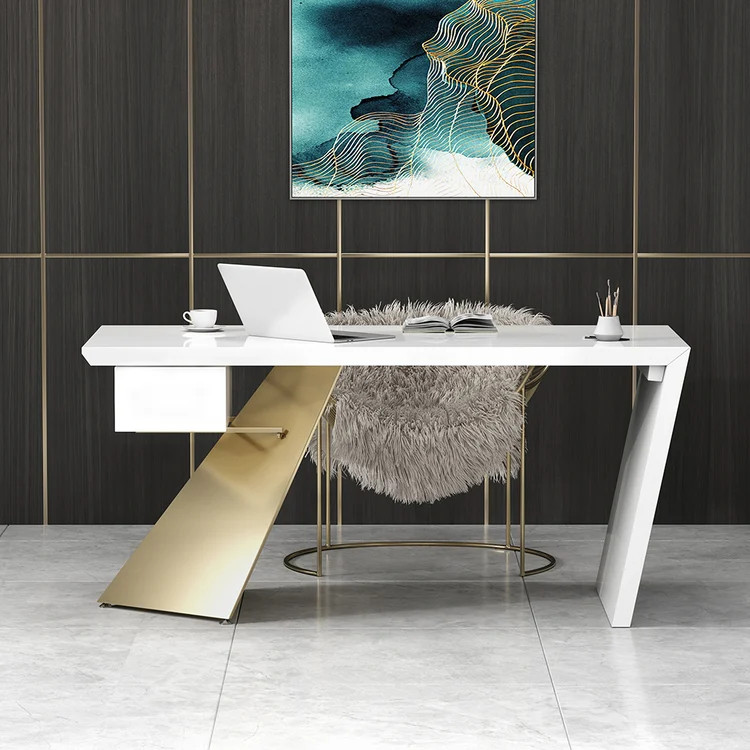 Free Shipping on Cabstract Modern White & Gold Office Desk with Drawer (63")｜Homary | Homary