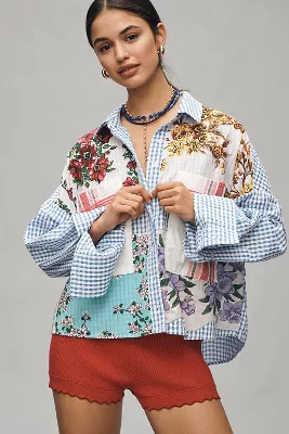 Maeve Long-Sleeve Patchwork Tea Towel Buttondown Shirt | Anthropologie (US)