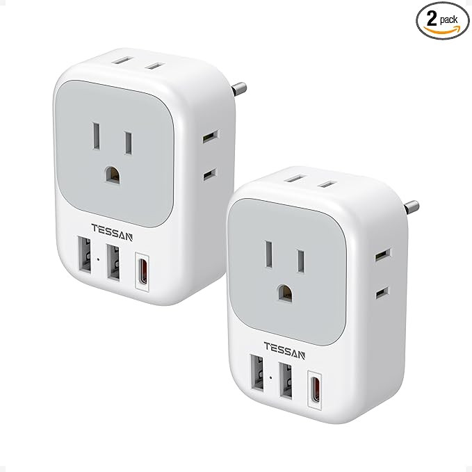 2 Pack European Travel Plug Adapter, TESSAN Europe Power Converter 4 Outlets 3 USB(1 USB C PD 20W... | Amazon (US)