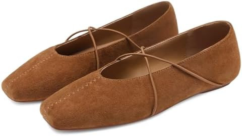 Women's Square Toe Ballet Flats Criss-Cross Straps Comfortable Slip On Mary Jane Flat Shoes for O... | Amazon (US)