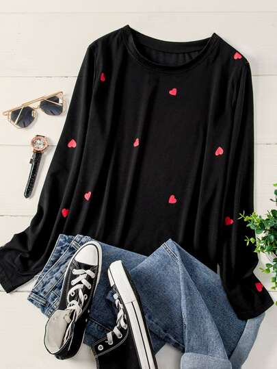 Plus Heart Print Long Sleeve Tee | SHEIN